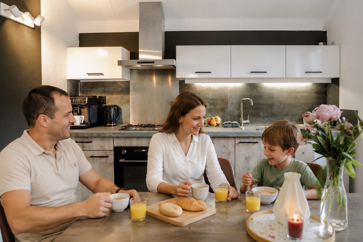 Gezin in de keuken en eethoek van Vakantie Hoeven